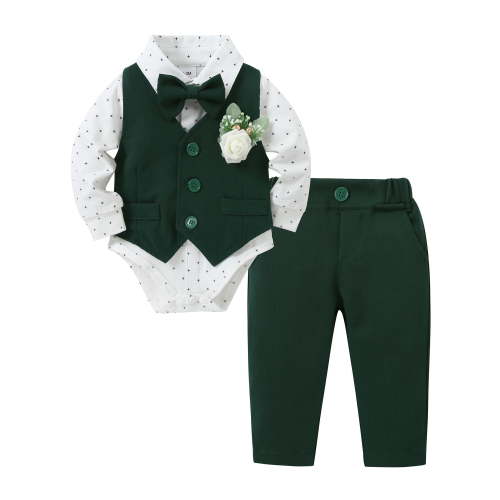 CARETOO Boy Clothes Suit Infant Formal Outfit Shirt Tie Waistcoat Pants Corsage Cotton Fabric 5PCS