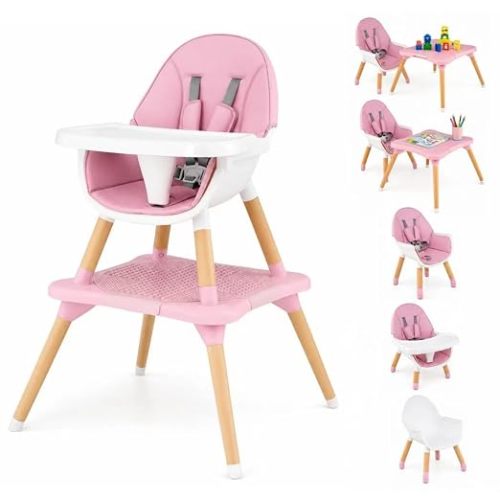 HONEY JOY Baby High Chair, 6-in-1 Convertible Wooden Highchair for Babies and Toddlers/Table Set/Toddler Chair with Safety Harness, 4-Position Removable Feeding Tray (Pink)