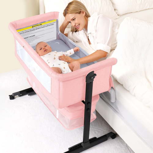 HKAI Baby Bassinet Bedside Crib Foldable Portable with Adjustable Height, Wheels, and Storage Basket, Pink