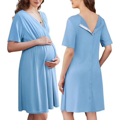 Ekouaer Women's Maternity Clothing Basic Stretchy V-Neck Short Sleeve Labor & Delivery Gown - Polyester Blend, Nursing Access, Split Front, Elastic Waist, Button Back, for Postpartum, Hospital, Nursing Mothers, Pregnancy, Skin-to-Skin Readiness - TikTok S