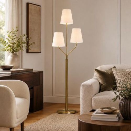 Maxax 65" Rattan Floor Lamp for Living Room, 3-Lights Boho Floor Lamp with Rattan Shade, Farmhouse Brass Gold Tree Standing Lamp for Bedroom, Office