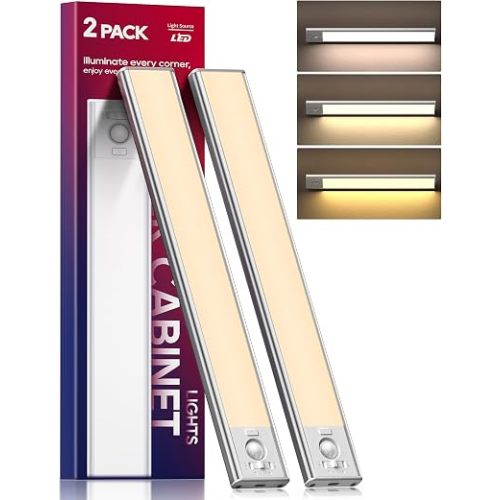 2 Pack Under Cabinet Lighting, 3 Color Temperatures Motion Sensor Light Indoor, LED Rechargeable Cabinet Lights, Stick-On Magnetic Closet Light, Wireless Under Counter Lights for Kitchen, Stair