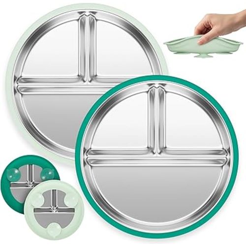 Stainless Steel Kids Plates with Suction - 9" Stainless Steel Toddler Plates with Dividers and Strong Hold Silicone Base - Feeding Dinnerware for Baby, Dishwasher Safe Suction Plate Non Toxic