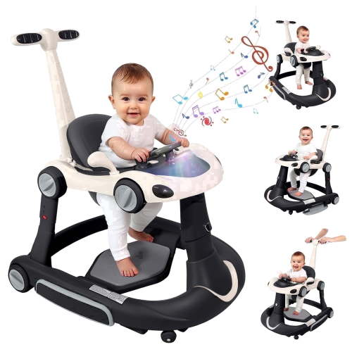 5 in 1 Baby Walker for Boys Girls,Foldable,Music,Light,Jumper,Rocking,Push,Height Adjustable Training Activity for Babies Infant 6-18 Months,Black
