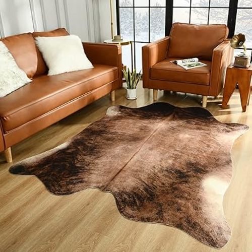 Easycozy Faux Cowhide Large Cow Print Rug - 6.3 x 7 Feet, Thickened Elastic for Bedroom, Living Room, Home Office, Western Decor