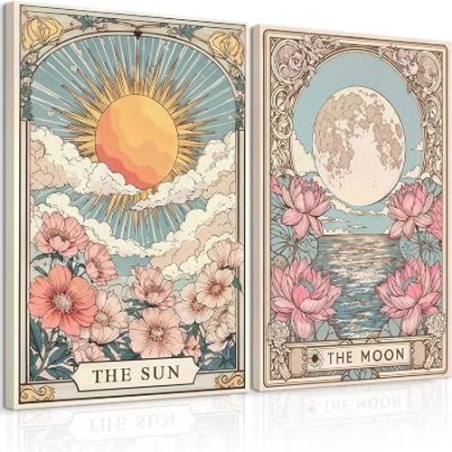 Sun And Moon Wall Art Set of 2 Celestial Vintage Floral Wall Decor Mystical Tarot Astrology Paintings Pictures Bohemian Floral Canvas Posters Prints Artwork for Bedroom Living Room（16x24 in Canvas）