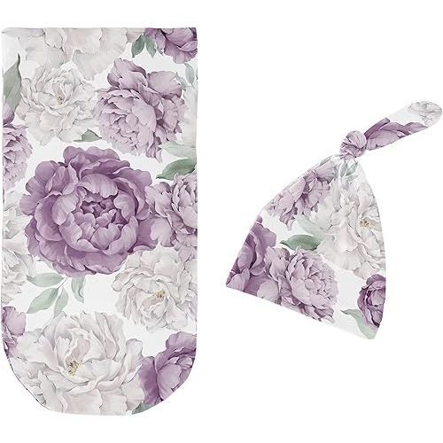 Sweet Jojo Designs Lavender Purple Boho Shabby Chic Floral Girl Baby Cocoon Swaddle and Beanie Newborn Jersey Set Infant Wearable Blanket Going Home Outfit Set Ivory Bohemian Vintage Garden Watercolor