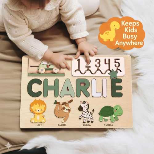 Custom Name Puzzle for 1 Year Old, Personalized Wood Toy with Animals, First Birthday Gift, Baby Keepsake, Montessori Toy, boy Toddler Gift