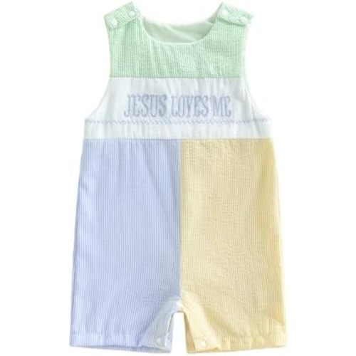 KMBANGI Baby Boy Girl Jesus Loves Me Overall Romper Newborn Christian Outfit Sleeveless Seersucker Bodysuit Baptism Clothes