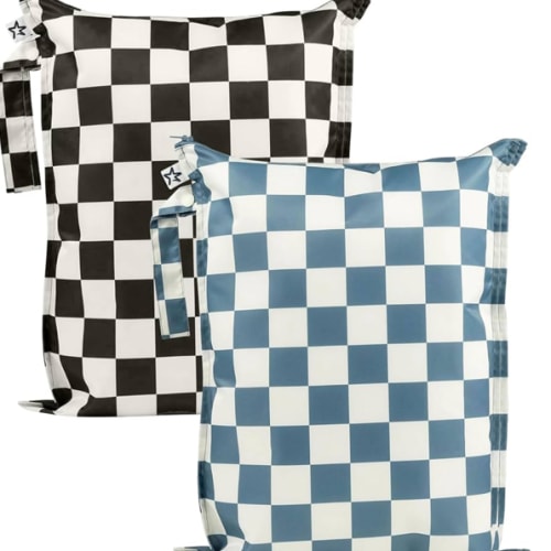 Tiny Twinkle Mess-Proof Waterproof Wet Dry Bag | 2-Pack Reusable Wet Bags for Swimsuits & Baby Clothes | Leakproof Wet Bag for Travel & Diaper Changes for Baby (Blue, Black Checkers)