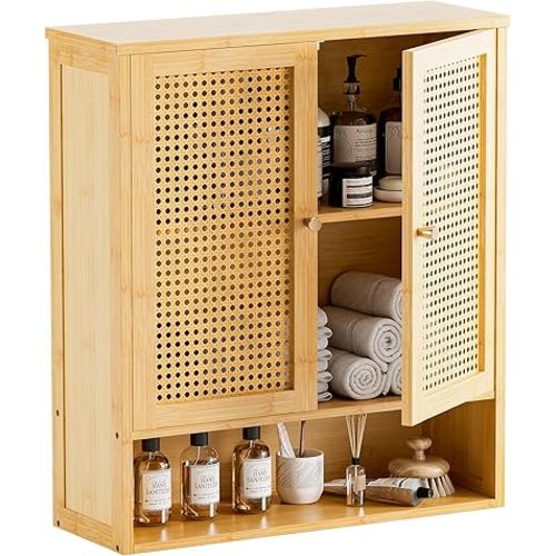 HITNET Rattan Hanging Bathroom Cabinet, Wall Mounted Bamboo Bathroom Cabinet with Double Doors and Adjustable Shelves, Storage Over the Toilet for Kitchen, Living Room, Laundry Room, Natural