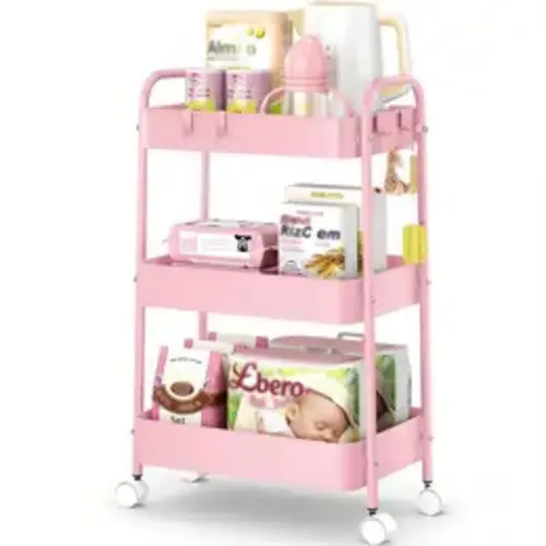 3 Tier Rolling Cart, Metal Utility Cart with 4 Hooks Storage Cart on Wheels Craft Cart with Handle for Organizer Storage for Classroom Office Dorm Home Pink - TikTok Shop