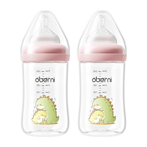 240ml Baby Bottles, 8 Oz Wide-Neck Milk Feeding Bottle with Size M Teat for 3-6 Months Newborn Babies Pink/2 Pack