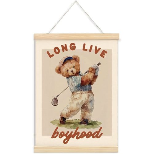 ShowDraven Boys Toddler Golf Room Decor Framed with Wood Hanger, Long Live Boyhood Bear Nursery Decor, Vintage Sports Nursery Wall Art for Boys Kids Room Bedroom Playroom, 12x16 Inches
