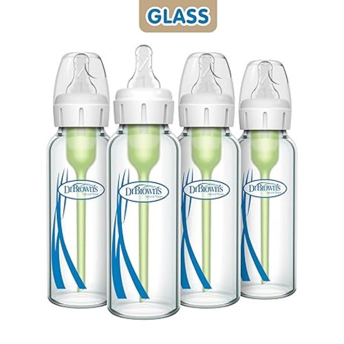 Dr. Brown's Anti-Colic Options+ Narrow Glass Baby Bottle with Level 1 Slow Flow Nipple, BPA-Free, 8 oz/250 mL, 4-Pack