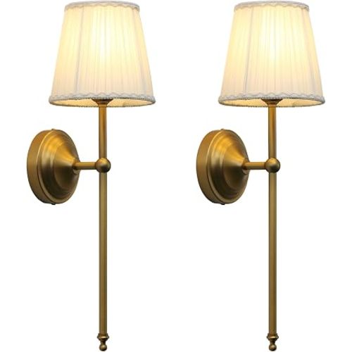Phansthy Hardwired Brass Boho Wall Sconces Set of 2, Vintage Industrial Wall Lights 2 Pack, Vanity Light Wall Lamps with Lace Gauze Shade for Bedroom Living Room Hallway Decor (Antique + White Shade)