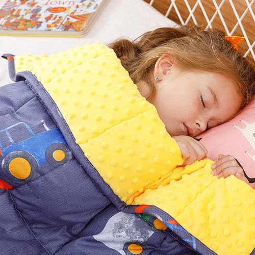 BUZIO Weighted Blanket 7lbs Blue Car World, Minky Cotton Heavy Blanket with Cute Cartoon Pattern, Breathable Fuzzy Throw Blanket for Sleeping, Perfect for 40-60lb Boys, 41x60 inches
