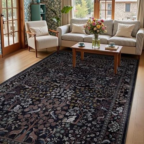 Unique Floral Animal Print 6x9 Area Rugs, Washable Rugs for Living Room Low Pile Non Slip, Vinatge Boho Tree of Life Natural Carpet Rugs for Bedroom Dining Room, Dark Midnight Blue
