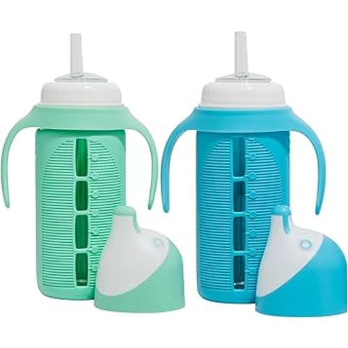 Tabor Place Set of 2 - Glass Sippy Cup for Toddlers - The Luca | Spill-Proof | Silicone Straw | Mint Green & Indigo Purple | 8 oz | Liquids Never Touch Plastic | Removable Handles… (blue/green)