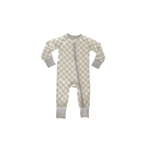 Muted Blue Checkered Zipper Romper