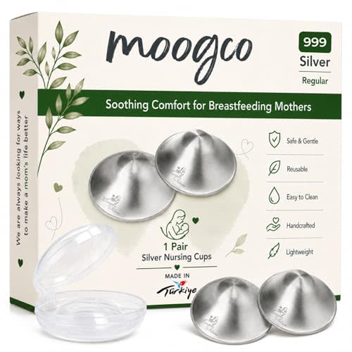 MOOGCO The Original Silver Nursing Cups - Nipple Shields for Breastfeeding Newborn - Breastfeeding Essentials - 999k Tri-Laminate Silver Nipple Covers (Regular Size, Set of 2)