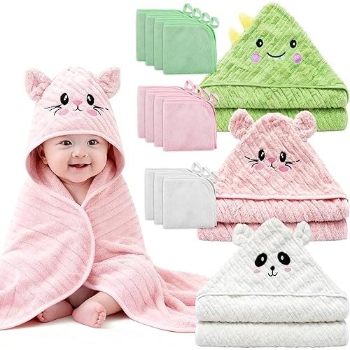14 PCS Thicken Baby Towels Set, 3 PCS Soft Hooded Baby Towels & 11 PCS Washcloths, Baby Bath Towels for Newborns, Infants & Toddlers, Ultra Absorbent, Cute Baby Towel Gift for Girls