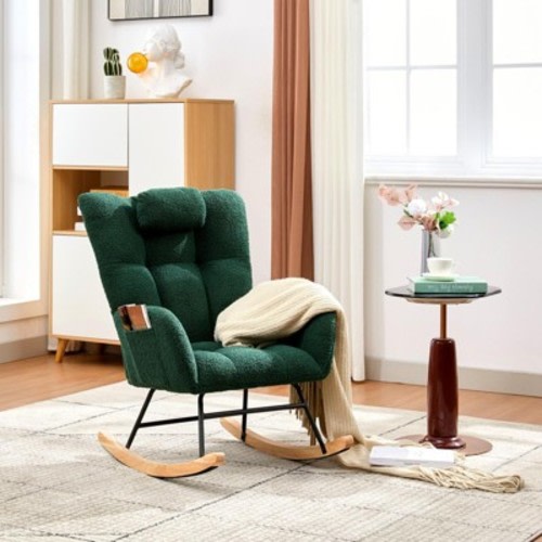 Nursery Rocking Chair ¨C Teddy Upholstered Glider with Wood Legs & Side Pockets, High Back Padded Seat for Living Room, Bedroom, Dark Green