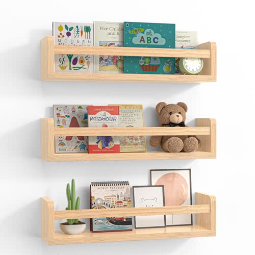 Floating Wall Nursery Book Shelves for Bedrooms Kids 16.5 Inch Natural Color Wooden Baby Book Shelf for Kids Rooms Set of 3 Nursery Shelves for Wall Mounted Toddler Bookshelf