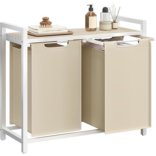 VASAGLE Laundry Hamper, Laundry Basket Sorter with 2 Pull-Out and Removable Bags, Shelf, Metal Frame, 2 x 12.1 Gallons (46 L), 28.8 x 13 x 28.4 Inches, Cappuccino Beige and Natural Beige UBLH201LH01