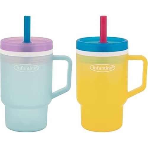Infantino My 1st Tumbler, 10 Oz. Durable Plastic Sippy Cup with Silicone Leak-Resistant Straw & Handle, for On-the-Go, BPA-Free Transition Cup, Cool Breeze & Lemon Rizz, 2-Pack