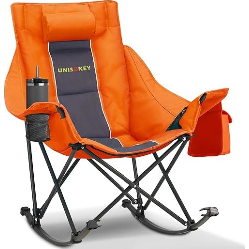 Unisakey Oversized Rocking Camping Chair with Headrest & Cup Holder - 300lbs Capacity, 600D Oxford Fabric, Easy Fold Portable Outdoor Rocker Chair for Camping, Backyard, Beach, Orange