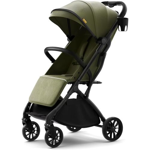 newyoo GlideTow TR18M Compact Travel Stroller for Infant, Lightweight Foldable Baby Stroller with Luggage Handle & Cup Holder, One-Hand Easy Fold, Near Lay Flat Recline Seat, Green
