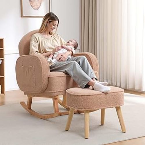 Rocking Chair with Ottoman, Upholstered Glider Rocker with High Backrest and Side Pocket, Rocking Accent Armchair with Solid Wood Legs for Nursery/Living Room/Bedroom Coffee