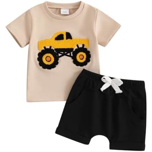 fhutpw Toddler Baby Boy Summer Clothes Embroidery T-Shirt Casual Shorts Sets Infant Truck Excavator Dinosaur Pattern Outfits