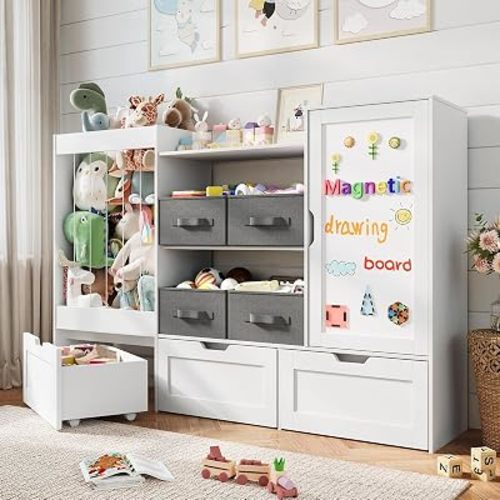 61" W Kids Toy Storage Organizer with Stuffed Animal Storage, 3 Movable Storage Drawers, 4 Removable Storage Bins, Wooden Bookshelf with Magnetic Drawing Board for Kids Room & Playroom, White