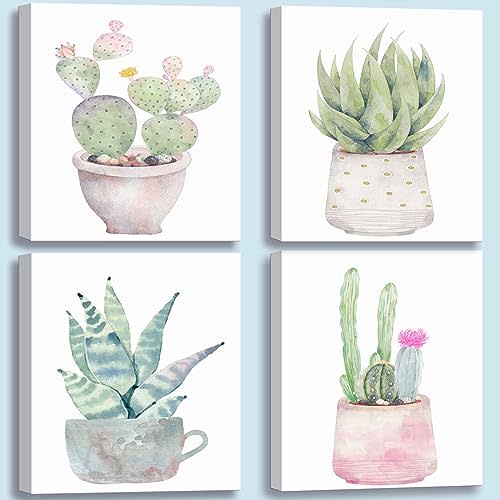 weiyiart Cactus Wall Art Succulent Bathroom Wall Decor, Tropical Plants Canvas Picture Prints, Green Botanical Artwork for Living Room Kitchen Office Home 8x10x4 Inch