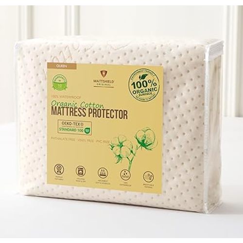 Luxury Waterproof Organic Mattress Protector Queen - Organic Cotton Breathable Mattress Pad Cover - New 380 GSM Comfort - Deep Pocket - Jersey Cotton Skirt - Fitted Comfort