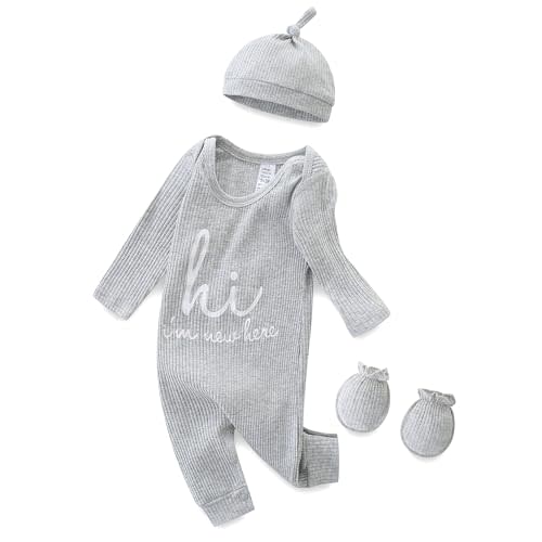 Baby Boy Girl Ribbed Onesies Romper Coming Home Outfits Letter Print Bodysuit Jumpsuit Hat Glove 3PCS Clothes Set