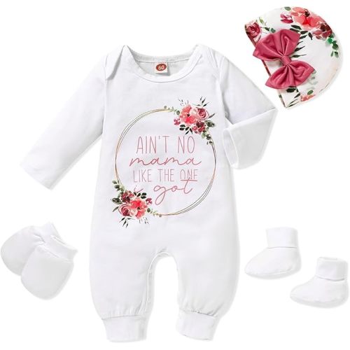 Sinhoon Newborn Baby Girl Romper Infant Letter Print Bodysuit Jumpsuit+Hat+Gloves+Socks 4Pcs Coming Home Clothes Outfit