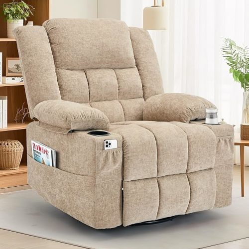 360° Swivel Rocker Recliner for Adults, Nursery Glider Recliner with Massage and Heating, Rocking Chair with Cup Holder, Manual Recliner Chair for Living Room, Bedroom (Fabric, Blue)