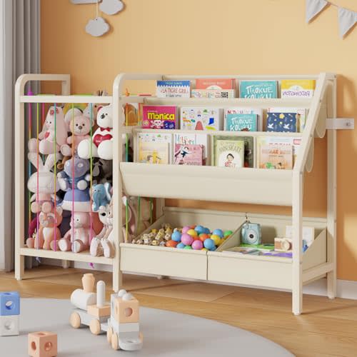 CYXPHION B5 Kids Bookshelf and Toy Storage, Book Shelf for Kids Rooms, Sling Toddler Book Shelves with Stuffed Animal Storage, Montessori Baby Bookcase for Nursery, Bedroom, Playroom, White