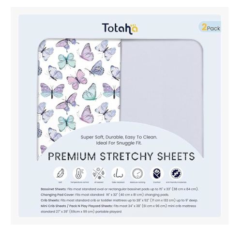 TotAha Premium Soft Pack n Play Sheets, Super Stretchy Jersey Knit Mini Crib Sheets Fitted, Silky Comfort Graco Pack and Play Mattress Sheets 2-Pack, Purple Butterfly