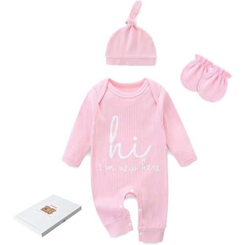 Newborn Girls and Boys Romper, Hi I’m New Here Long Sleeve Cotton Baby Clothes, Coming Home Outfit with Gift Box