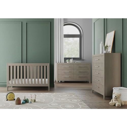 Child Craft Kieran Crib, Dresser, and Chest Nursery Set, 3-Piece, Includes 3-in-1 Convertible Crib, 6-Drawer Dresser, and Chest, Grows with Your Baby (Crescent Gray)