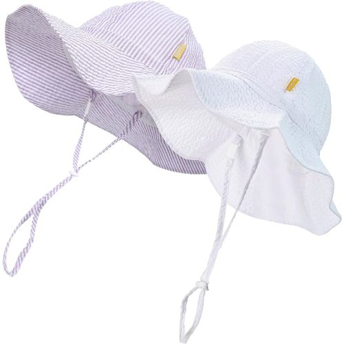 Baby & Toddler Wide Brim Sun Hats UPF 50+ Sun Protection Bucket Cap Cute Adjustable Hat in Seersucker