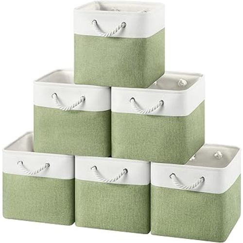12x12 Storage Cube Bins, 6 Pack Reinforced Bottom Cardboard Foldable Box, Organizer for Closet Shelves, Heavy Home Storage Baskets (White Green)
