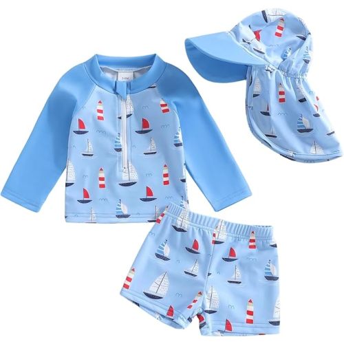 Hnyenmcko Toddler Baby Boys Swim Set Long Sleeve Rashguard Swimsuit Shirt Trunks Infant Bathing Suit Swimwear with Hat, 6-12M