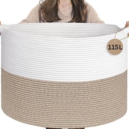 INDRESSME 115L Extra Large Blanket Basket, Soft Cotton Rope Storage Baskets for Organizing Living Room Décor Toy Storage for Kids,Decorative Woven Basket for Laundry & Towels, Light Brown
