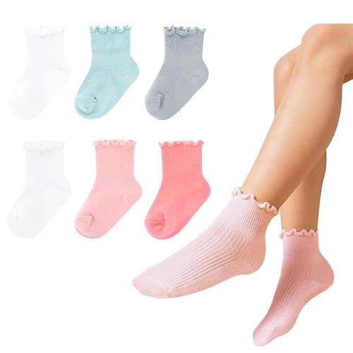 AniKigu Baby Girls Ruffle Socks Toddler Girls Frilly Dress Crew Socks for 6-12 Months 1-3 Years 3-5 Years 6 Pack