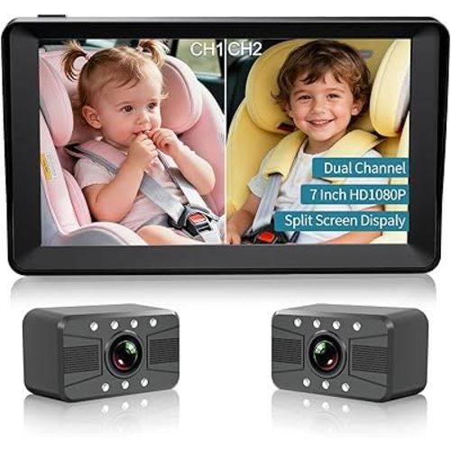 HUBOOK Dual Baby Car Camera, 7" 1080P Split Screen Baby Car Monitor with Night Vision, Rear Facing Car Seat Camera for 2 Kids Newborn Toddlers Travel Safety